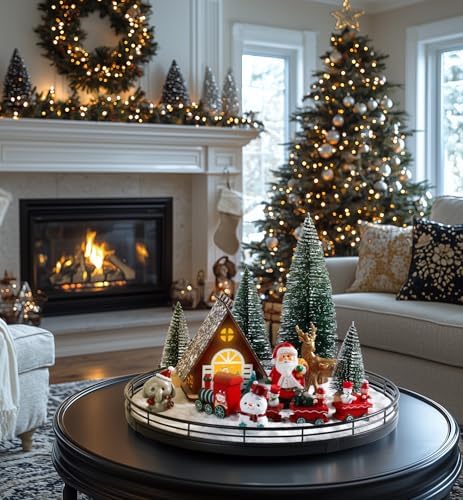 Oroyutor 12-Piece Christmas Village Centerpiece with 13-Inch Oak Lazy Susan