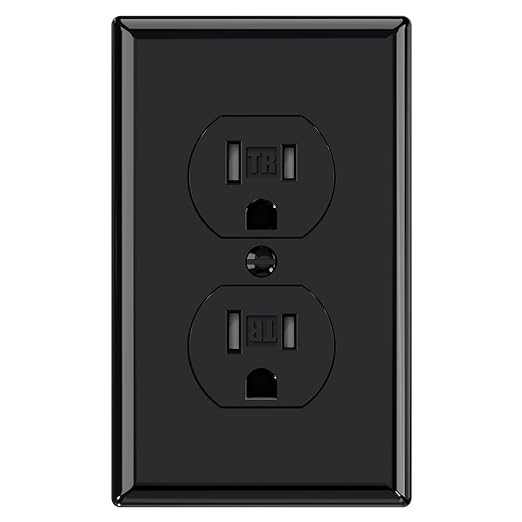 AIDA 1 Pack Black Standard Duplex Electrical Wall Receptacle Outlet, 15A 125V, 2 Pole 3 Wire, Tamper Resistant, NEMA 5-15R, Self-Grounding, Wall Plate Included, UL Listed