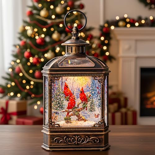 Christmas Snow Globe Lantern 3 Cardinal Perched on a Branch Musical Snow Globe with Swirling Glitter, Christmas Holiday Party Gifts and Decorations