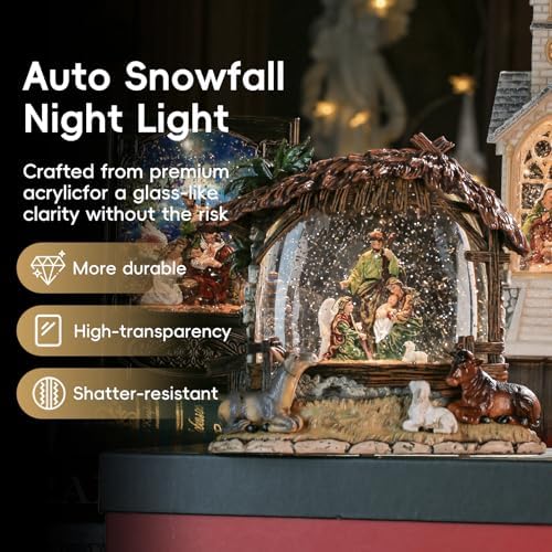 Nativity Snow Globe Music Box Holy Family, Shatterproof Swirling Glitter