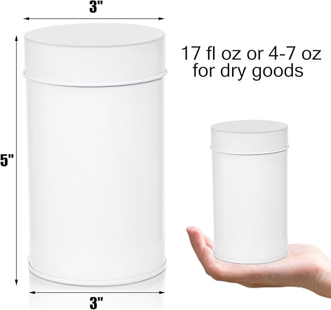 Yesland 12 Pack Tea Tin Canister with Airtight Double Lids, 17 Fluid oz Tea Storage Organizer Tin Can Small Round Kitchen Canisters for Loose Tea, Coffee, Candy, Herbs and Spices - White