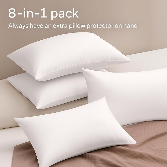 Ultra Soft Pillow Protectors with Zipper King Size - Set of 8 Breathable Pillow Covers - 100% Protection Against Stains, Dust & Dirt - Machine Washable (White)