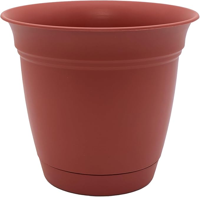 The HC Companies Eclipse Round Planter with Saucer - Outdoor & Indoor Plant Pot with Drainage Holes - Lightweight, UV-Resistant Plastic Pots for Plants, Flowers & Herbs (12" Clay, Pack of 1)