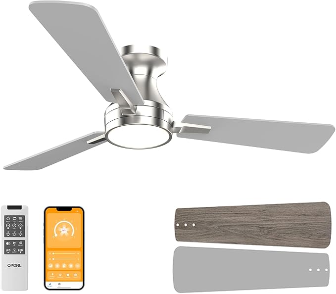 OPONL 42 Inch Nickel Ceiling Fan with Light, Remote Control, Noiseless, Reversible, 6CCT, Dimmable, Timeable, Metal Housing, Flush Mount Ceiling Fans with Lights for Bedroom, Indoor/Outdoor Use