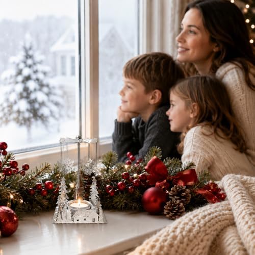 Winter Cabin Silver Holiday Candle Spinners Set of 3, Silver Plated Laser Cut Christmas Tea Light Candle Holders with Cabin, Trees & Snowflake Charms, Spinning Winter Scene Table Decor, 5 Inch