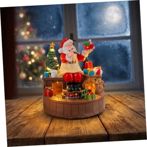 DOITOOL Resin Music Box Battery Operated Christmas with Rotating Santa Figurine and LED Warm Light Vintage Style Xmas Music Box for Tabletop Decor and Window Displays