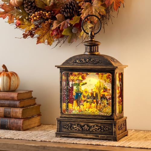 Fall Snow Globe Lantern - Scarecrow and Turkey Lighted Water Lantern with Swirling Glitter Fall Decorations for Home, Thanksgiving, Autumn Harvest Fall Decor