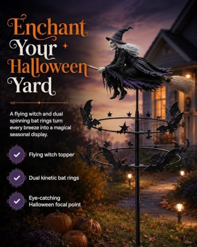 The Enchanted Witch Garden Wind Spinner, Halloween Outdoor Metal Yard Stake with Flying Witch and Bat Rings, Kinetic Yard Decor for Lawn, Patio, Front Porch and Seasonal Garden Display