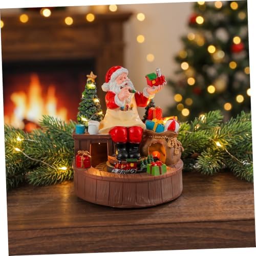 Resin Santa Claus Music Box and LED Warm Light with Rotating Train Figurine Battery Operated Christmas Musical Box Ornament for Indoor Celebrations and Window Displays