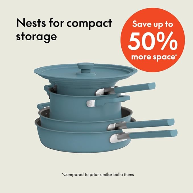 bella 9 Piece Ceramic Nonstick Cookware Set, Fits-anywhere™ Kitchenware w EverGood™ Coating, Dishwasher & Oven Safe, All Stovetops Compatible, Stackable Design, Cool Touch Handles, Surf