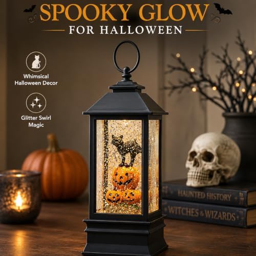 10'' Halloween Snow Globe Lantern Lighted Musical Water Lantern Spooky Pumpkin and Witch' s Black Cat Combo with Swirling Glitter, Battery Operated or USB Powered