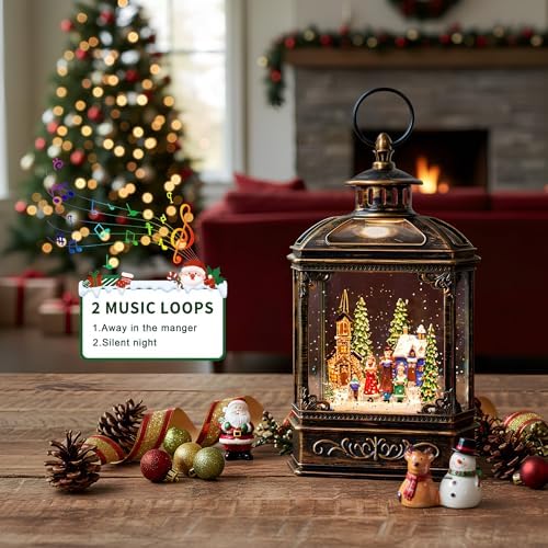 VISFLAIR Musical Snow Globe Lantern Lighted Church Carolers Christmas Village Snow Water Lantern Swirling Glittering Home Decoration and Gift, Battery Operated or USB Powered