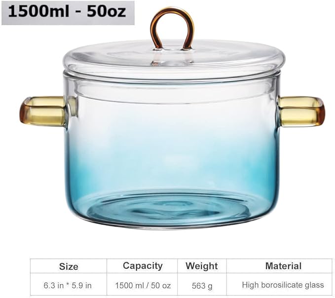 Glass Cooking Pot - 1.5L/50OZ Heat-Resistant Borosilicate Glass Handmade Cookware Set stovetop Pot - Safe for Pasta Noodle, Soup, Milk, Tea Blue