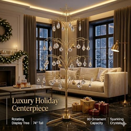 HOHIYA 74" Rotating Ornament Display Tree 90 Hooks Chrome Silver