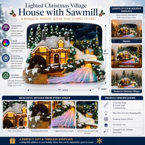 Lighted Christmas Village House with Sawmill – LED Fiber Optic Christmas Village Building – Color Changing Lights, Rotating Water Wheel, Holiday Tabletop Christmas Decoration – 11"W x 8"H x 7"D
