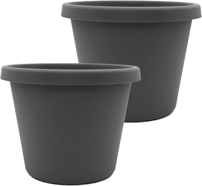 The HC Companies 16 Inch Prima Round Planter Pots with Drainage Holes and Rolled Rim, Lightweight UV-Resistant Plastic Indoor & Outdoor Planters, 2-Pack Flower Pots for Garden & Home Decor, Warm Gray
