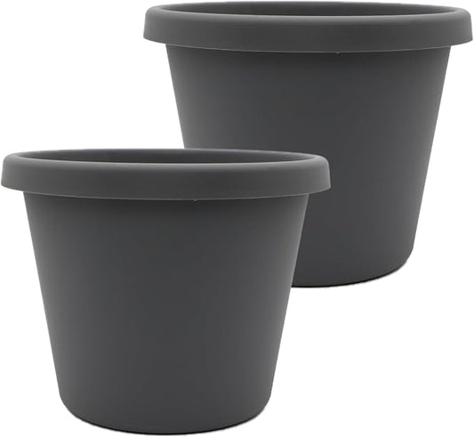 The HC Companies 16 Inch Prima Round Planter Pots with Drainage Holes and Rolled Rim, Lightweight UV-Resistant Plastic Indoor & Outdoor Planters, 2-Pack Flower Pots for Garden & Home Decor, Warm Gray