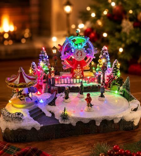 Christmas Village, Animated Carnival Led Rotating Carousel, Rotating Ferris Wheel & Ice Skating Rink