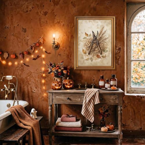 Halloween Garden Pruner Wall Art, Gold Vintage Framed Rustic Autumn Decor