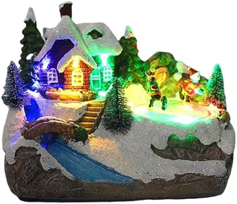 Gcroet Christmas Village Houses LED Lights Sweet Music Christmas Houses with Rotate Skiing Kids Battery Operated & Rechargeable for Kids Adults, 6.3x4.1x5.5 inch