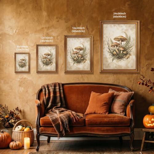 Mushroom Forest Wall Art, Gold Vintage Framed Halloween Decor Print