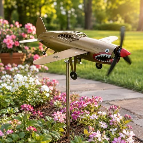 Metal Airplane Wind Spinner for Yard, 3D Shark-Mouth Plane Garden Stake Decor, 360° Rotating Outdoor Lawn Ornament for Patio Flower Bed, 1 Pack(Red)