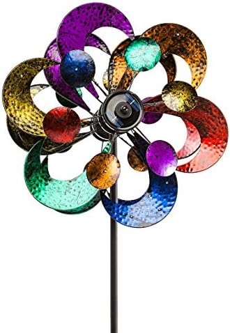 Plow & Hearth Solar Gala Wind Spinner - Enchanting 7ft Multicolor 4-Blade Wind Art | 24"x20.75"x84" | Integrated Solar Panels | LED Lights | Mesmerizing Garden Display