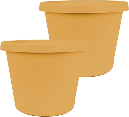 The HC Companies 14 Inch Prima Round Planter Pots with Drainage Holes and Rolled Rim, Lightweight UV-Resistant Plastic Indoor & Outdoor Planters, 2-Pack Flower Pots for Garden & Home Decor, Honey