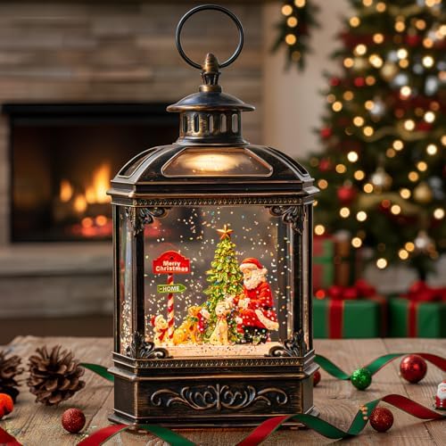 Snow Globe Lighted Christmas Decorations, Santa Claus & Pups Musical Water Lantern with Swirling Glitter, Christmas Holiday Party Gifts and Decorations