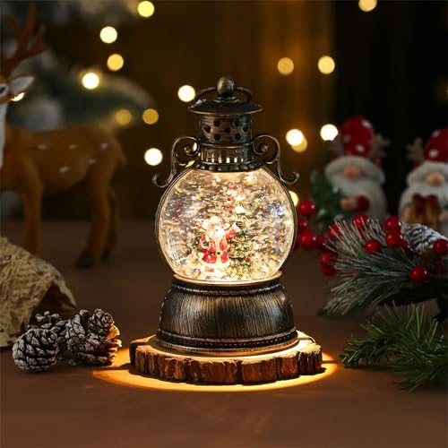 Christmas Snow Globe Lantern, Christmas Snow Globes with Rotating Base, Glitter Swirling Musical Box with Musical LED Lights, Battery Operated & USB Powered Christmas Lanterns for Table Party Decor