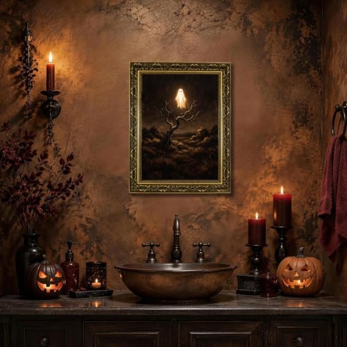 Gold Vintage Framed Ghost Wall Art, Spooky Halloween Nature Poster