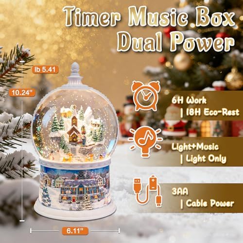 DGSCAK Large Carousel Snow Globe, Lighted Glitter Christmas Village with Santa Elk Sleigh, Musical Snow Globe 8 Songs, 6H Timer, USB or Battery Powered, Holiday Table Décor