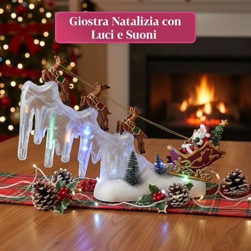 Avilia Christmas Sleigh with LED Lights and Moving Music W29xD6xH29cm for Christmas Decorations for Home and Christmas Villages, Battery Operated, Rotating Scene with Animated Characters