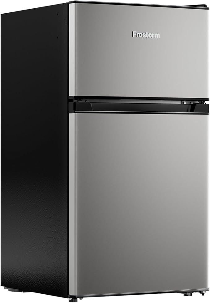 3.2 Cu Ft Mini Fridge with Freezer - Energy Efficient, Double Door Upright Freezer for Bedroom, Office & Dorm | Small Fridge, Glass Shelves,Interior Light,ETL Certified,etc(Silver)