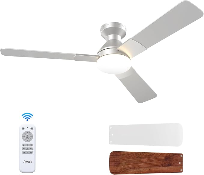 Amico Ceiling Fans with Lights, 52 inch Low Profile Ceiling Fan with Light and Remote Control, Flush Mount, Reversible, 3CCT, Dimmable, Noiseless, Silver Ceiling Fan for Bedroom, Indoor/Outdoor Use
