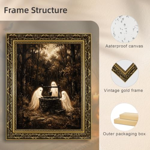 Gold Vintage Framed Ghost Wall Art, Spooky Halloween Forest Print