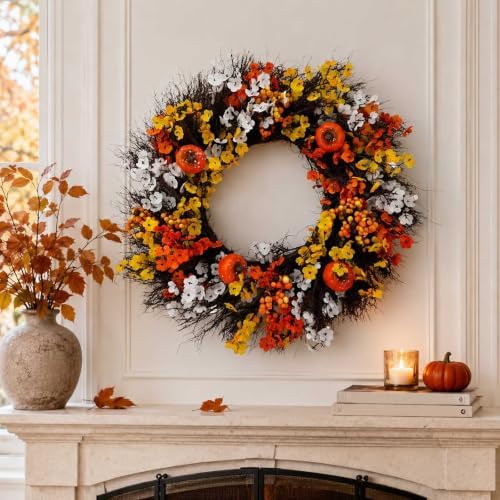 Rotating Naturals Seasonal Floral Ring for Home Entryways and Celebrations in Elegant Style (Orange, 40cm)