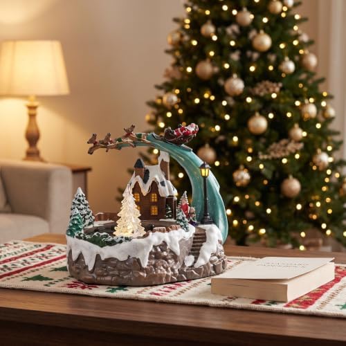 Kisangel Christmas Village House Musical Box: Rotating Xmas Tree with Glowing Lights & Water Spray, Resin Holiday Table Centerpiece Collectible for Seasonal Decor