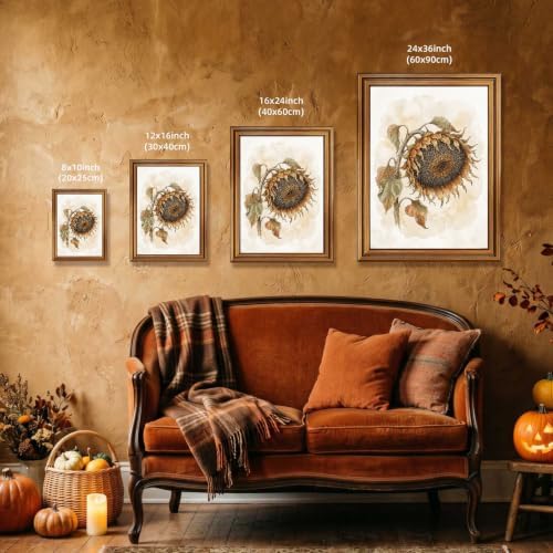 Sunflower Halloween Wall Art, Gold Vintage Framed Moody Botanical Print