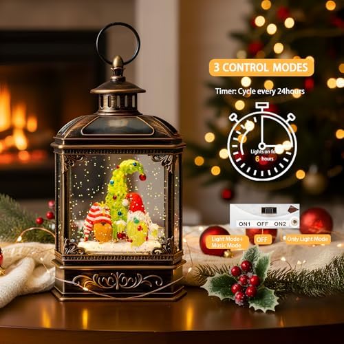 VISFLAIR Musical Snow Globe Lantern Lighted Whimsical Christmas Tree & Gnomes Scandinavian Santa Elf Water Lantern with Swirling Glittering Home Decoration and Gift, Battery Operated or USB Powered