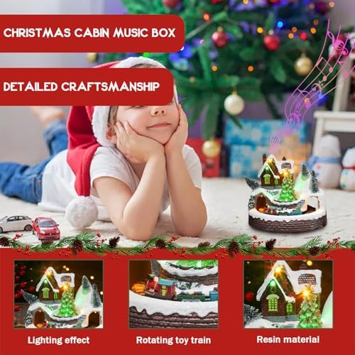 Christmas Village Figurines, 4.7x6.1inch Resin Christmas Village House with Rotating Train & Xmas Tree, Light up Musical Animated Display Collectible House for Home Tabletop Decorations