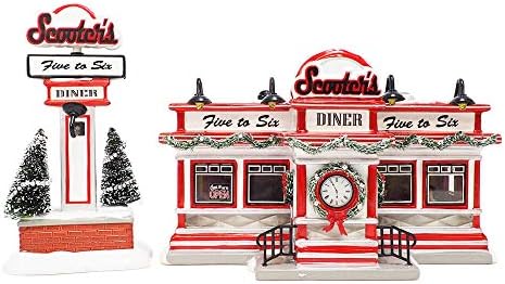 Department 56 Sisal, Plastic, Dolomite Original Snow Village Scooter's Diner Animated Lit Building and Accessory Set, 6.1 Inch, Multicolor