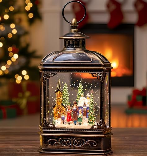 VISFLAIR Musical Snow Globe Lantern Lighted Church Carolers Christmas Village Snow Water Lantern Swirling Glittering Home Decoration and Gift, Battery Operated or USB Powered