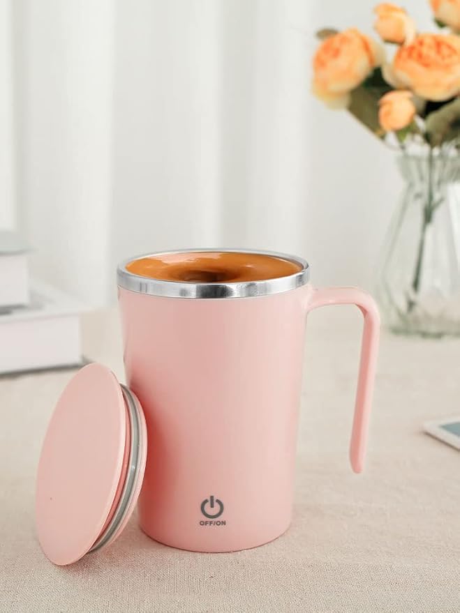 Electric Self Stirring Mug 1200mAh Rechargeable Automatic Mixing Mug Stainless Steel Magnetic Stirring Cup Reusable Self Mixing Coffee Cup Portable Auto Stirring Mug for Home Office Coffee Milk(Pink)