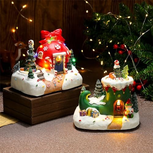Holiday Seasonal Musical House Resin Ornament with Colorful LED Light Christmas Rotating Figurines Statue Desktop Decors LED Light Christmas Ornament