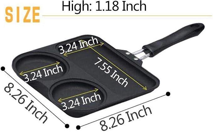 Breakfast Frying Pan 3 Intervals Skillet Frying Pan Pre-Seasoned Square Grill Pan Fat-Free Fryer, Suitable for Induction Cookers, Open Flames, Stainless Steel Bottom Frying Pa