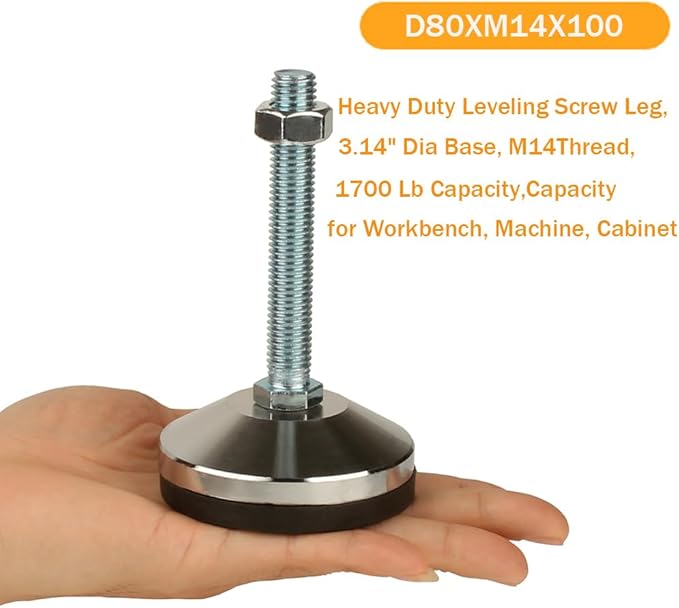 Heavy Duty Leveling Screw Leg,Leg Leveler 3.14" Dia Base,Adjustable Leveling feet M14Thread, 1700 Lb Capacity,Capacity for Workbench, Machine, Cabinet, (D80xM14x100,2 Pcs,Black)