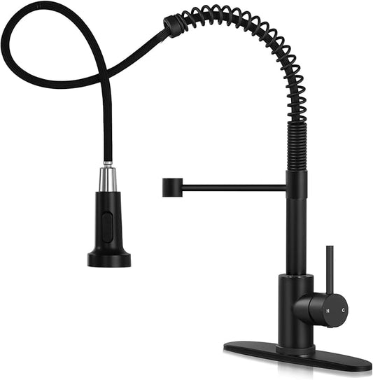 DJS Kitchen Faucets with Pull Down Sprayer Matte Black - Single Handle 1 or 3 Holes Spring Kitchen Sink Faucet with Deck Plate for Farmhouse RV Vessel Basin