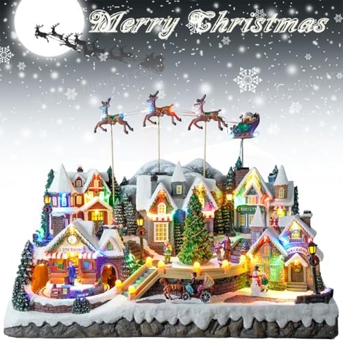 Christmas Village Centerpiece Decor, with Rotating Train and Village Buildings, Featuring LED Lights, Christmas Music, and Animation
