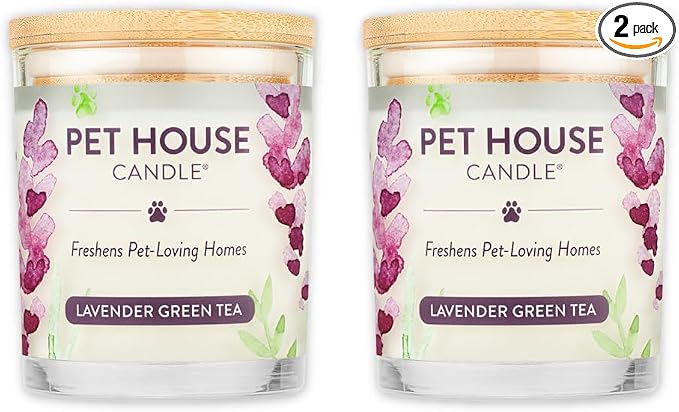 One Fur All Pet House Candle 2 Pack - Plant-Based/Soy - Clean Burning Scented, Long Lasting Pet Odor Candle for Home - Lavender Green Tea